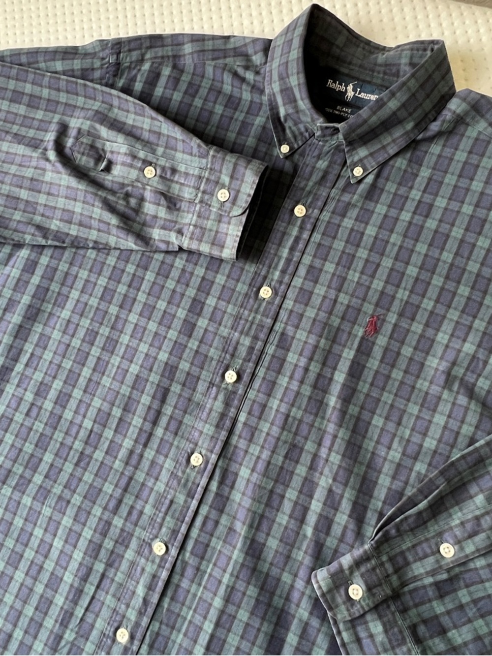 Ralph Lauren Shirt Mens L Blake Plaid 100% 2-Ply Cotton Green Blue Casual Pony